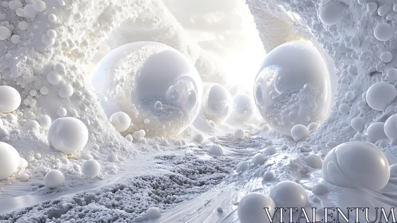 Luminous white spheres drift through a sculpted icy valley