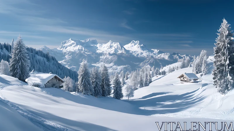Snow-covered alpine cabins sit beneath towering winter peaks.