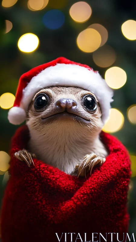 Bright-eyed holiday critter peeks out in cozy red cheer