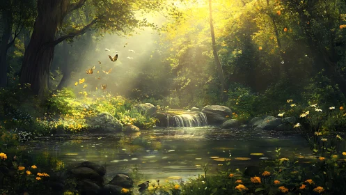Sunlit forest creek with butterflies and lush wildflowers.