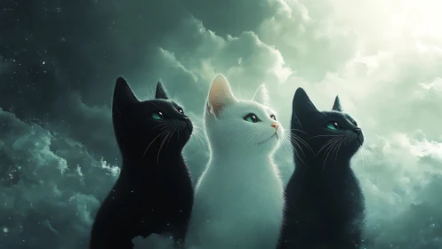 Three Ethereal Cats Against Mystical Cloudy Sky.