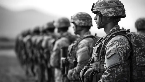 Monochrome line of modern infantry soldiers in tactical gear