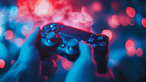 Neon lit gaming controller in cinematic blue red bokeh glow.