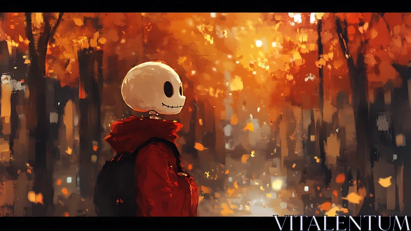 Skeleton-headed figure walks through glowing autumn forest