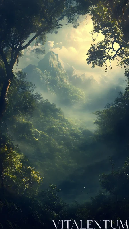 Misty Mountain Valley Vista Through Verdant Forest Canopy Frame.