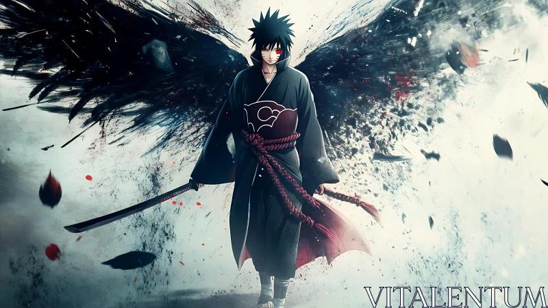 Dark-winged anime swordsman amid explosive storm of ink.