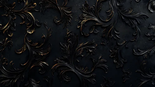 Baroque black damask relief with gilded ornamental flourishes.