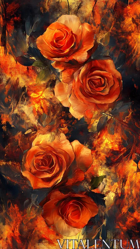Fiery orange roses ignite abstract molten backdrop.