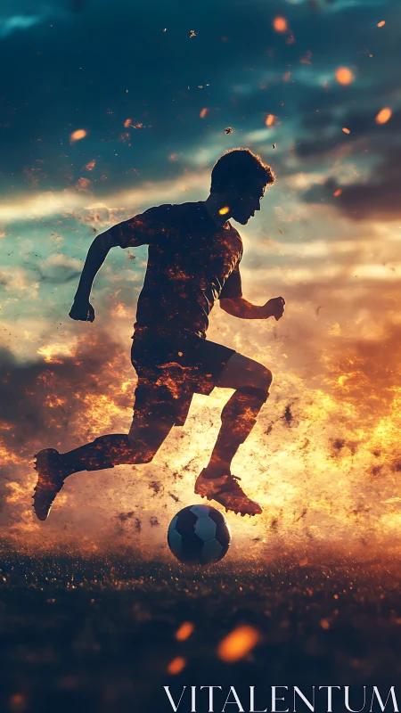 Silhouette soccer player running with ball through sparks.