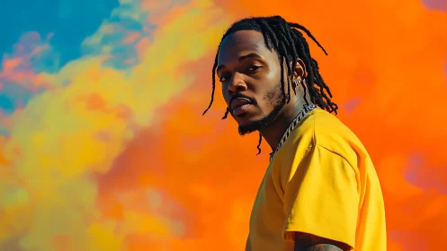 Portrait of a man in yellow shirt against saturated sky backdrop