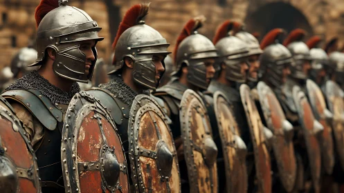 Row of armored Roman soldiers holding shields in formation.