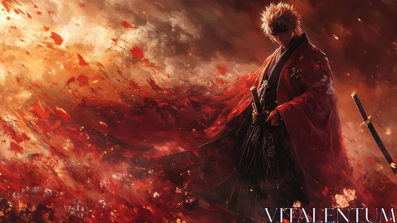 Blindfolded samurai in red kimono stands amid turbulent ember storm