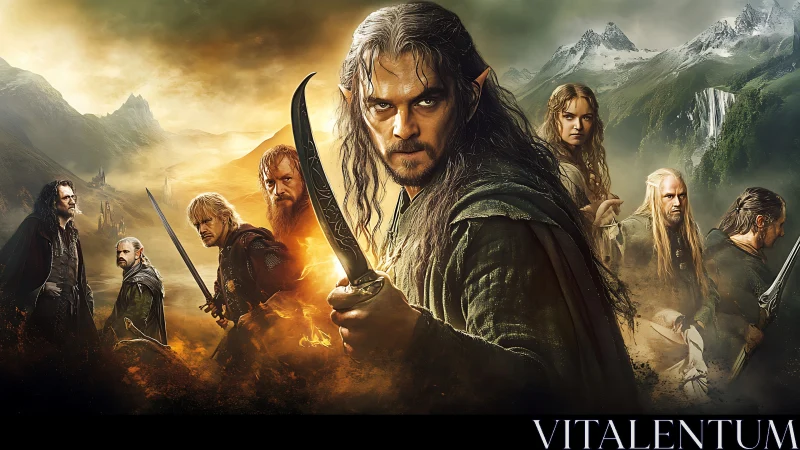 Fantasy warriors stand armed in a rugged mountainous landscape