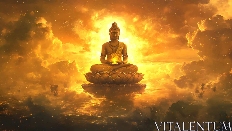 Digital painting of radiant Buddha on lotus amid golden clouds.