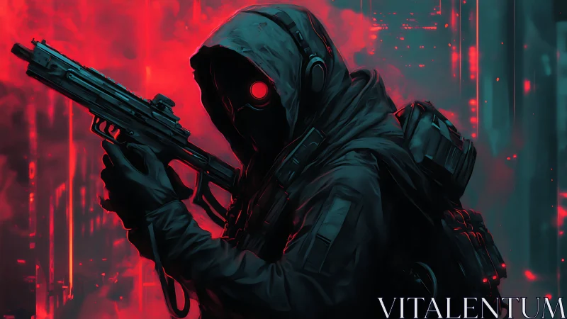 Hooded cybernetic sniper in neon red tactical backlighting.