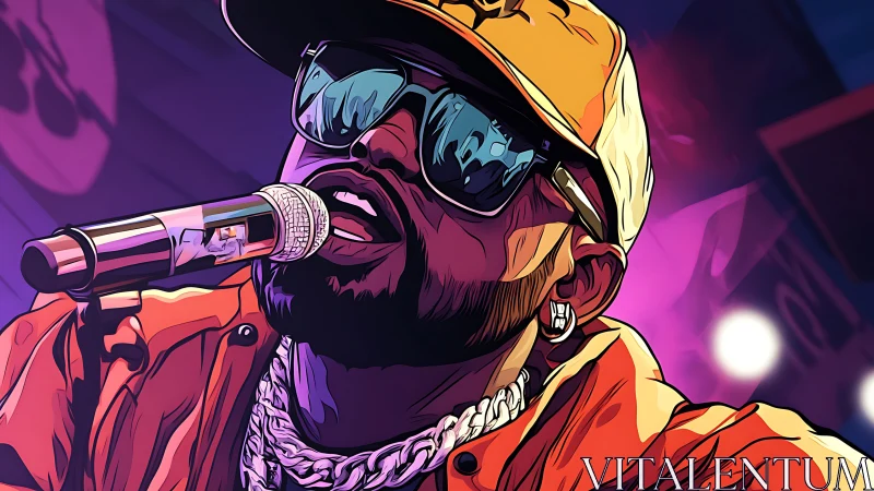 Rap vocalist performs under neon stage lights in profile