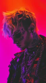 Portrait of punk styled person in neon gradient lighting.