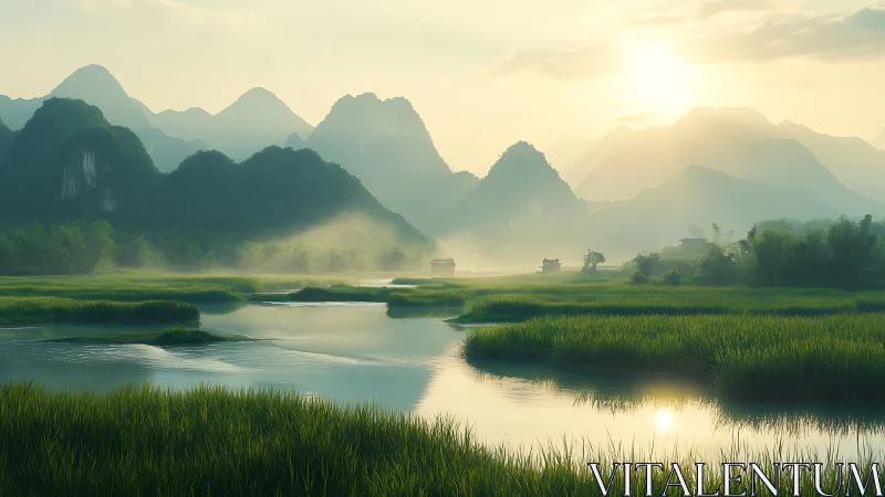 Misty river valley at sunrise glows over layered jade hills.