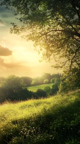 Backlit hillside meadow under golden atmospheric perspective.