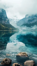 Glacial valley lake with mirror-symmetry reflection and fog banks.