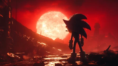 Blue speedster surveys a burning horizon of ruined metal.