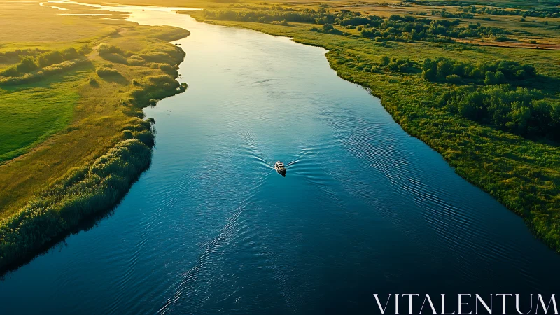 Lone boat stitches silver ripples across sunrise riverway.