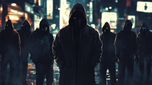 Hooded cyber gang advances through neon lit city streets.