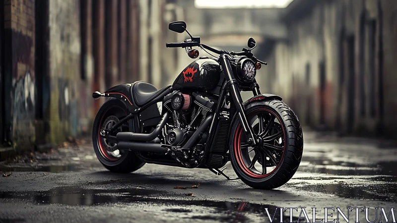 Custom black cruiser motorcycle in wet urban alleyway.