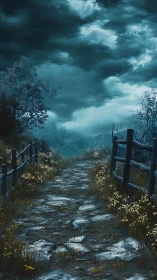 Moonlit stone path wandering into storm-tinted twilight.