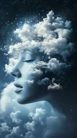 Dreaming celestial woman dissolves into luminous night clouds