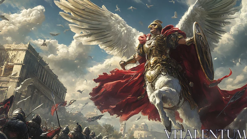 Winged centaur paladin charging above storm-swept ruins.