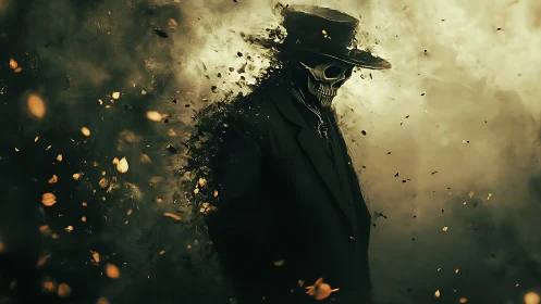 Skull-faced figure dissolves into swirling embers and smoke.