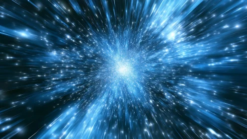 Blue radial light burst extends from bright central cluster