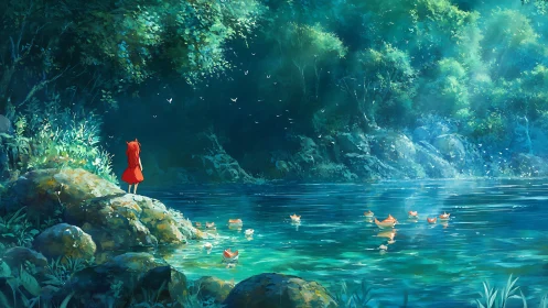 Solitary child in red observing paper boats on forest lake.