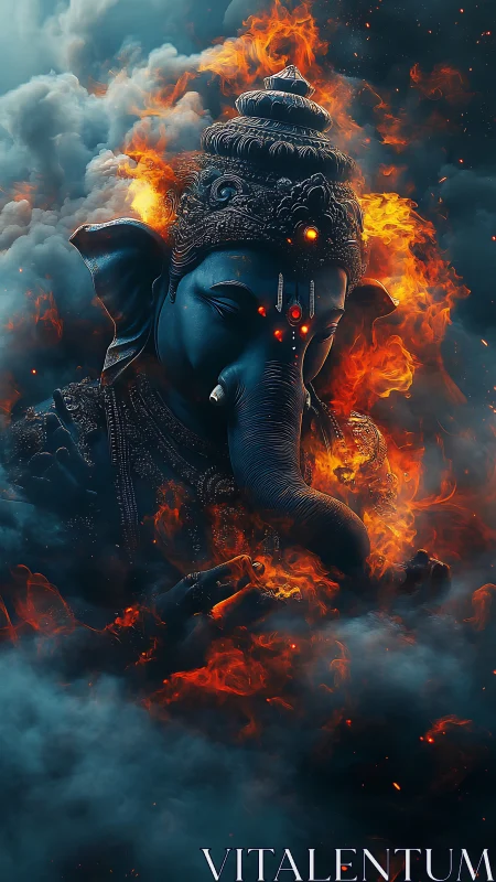 Ember crowned elephant deity rises through stormy smoke