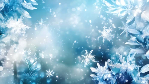 Glittering crystalline snowflakes drift through icy blooms.