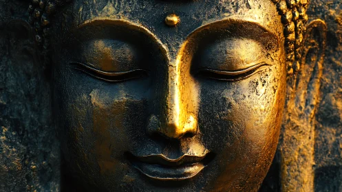 Golden serenity hums softly through this weathered Buddha face