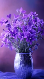 Violet Floral Arrangement in Textured Glass Vase Under Purple Ambient Lighting.