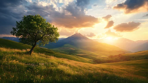 Backlit solitary tree anchors rolling valley under radiant sunset