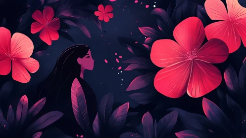 Silhouetted Female Profile Amid Neon Floral Luminescence.