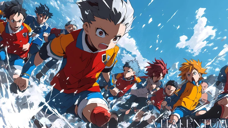 Multiple anime football players run forward across water