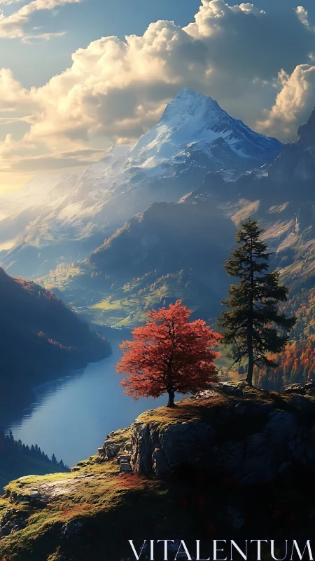 Crimson tree above alpine lake beneath towering snow peak.