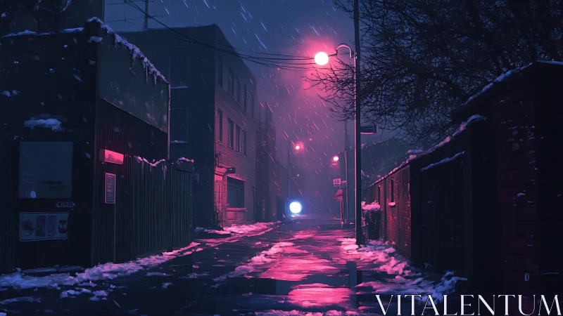 Neon snow falls over a lonely midnight alleyway street