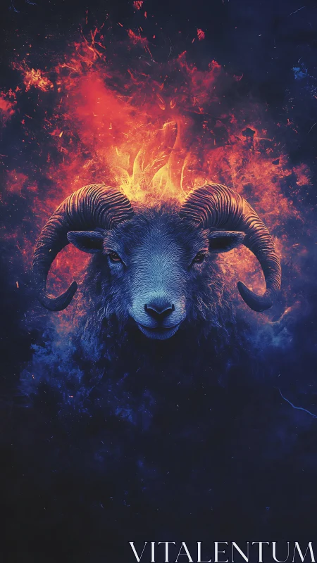 Celestial ram crowned in wildfire and midnight embers.