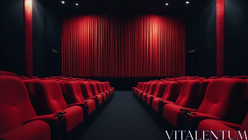 Empty multiplex cinema auditorium with red seating alignment