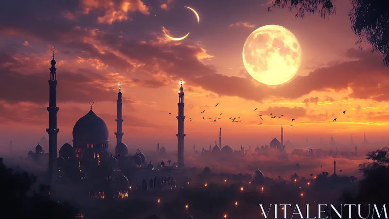 Dreamy moonlit skyline over tranquil misty minarets.