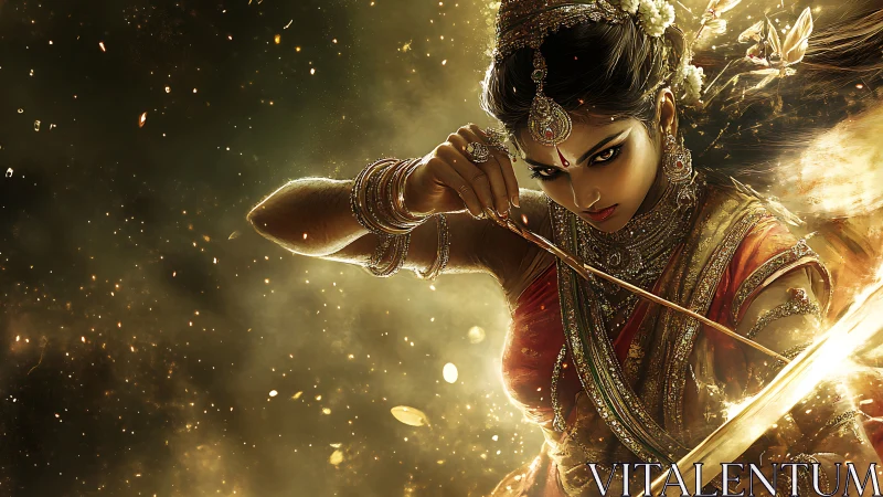 Dynamic mythic archer in luminescent particulate vortex.