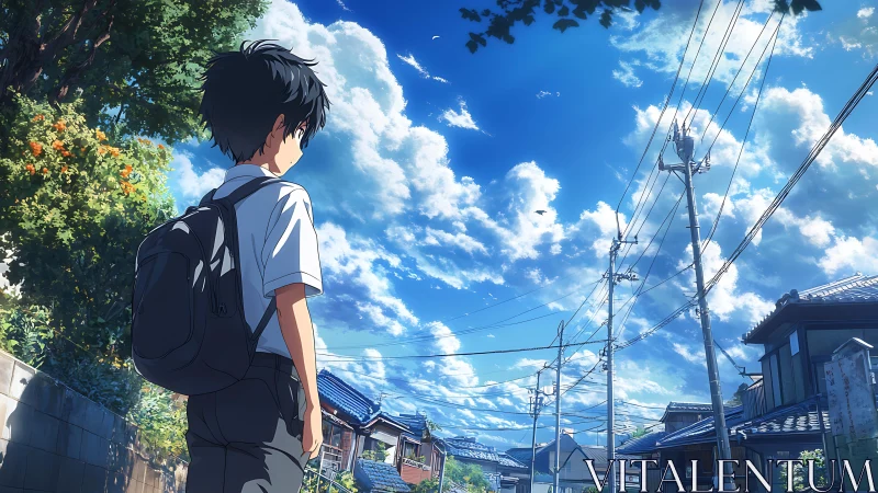 Summer street scene with schoolboy under vivid cumulus sky