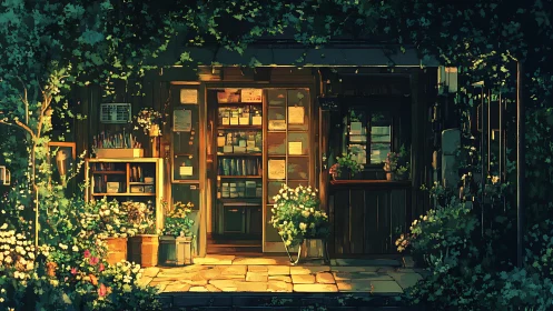 Golden hour façade of ivy-clad garden bookshop entrance.