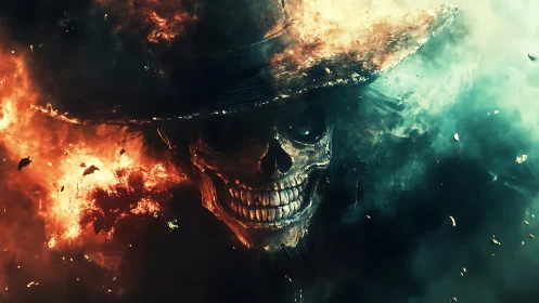 Fiery skull cowboy strides through swirling smoke and sparks